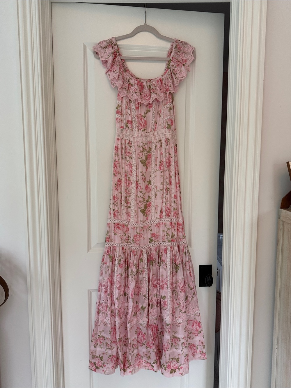 LoveShackFancy Pink Floral Ruffle Maxi Dress with Lace Trim